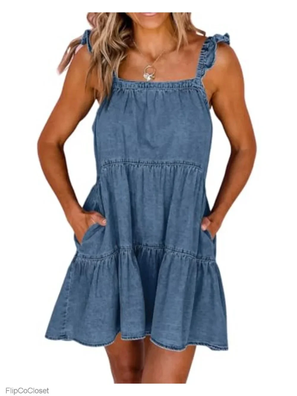 Women's Denim Babydoll Dress Square Neck Ruffle Sleeveless Backless